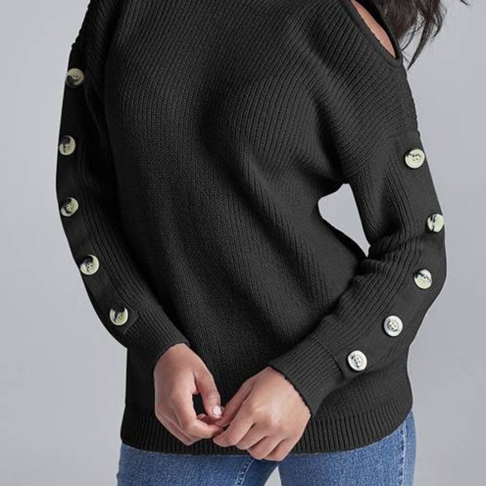 (V84) Venus Women’s Black Cold Shoulder Sweater Medium Long Sleeve Button Detail - Picture 2 of 10